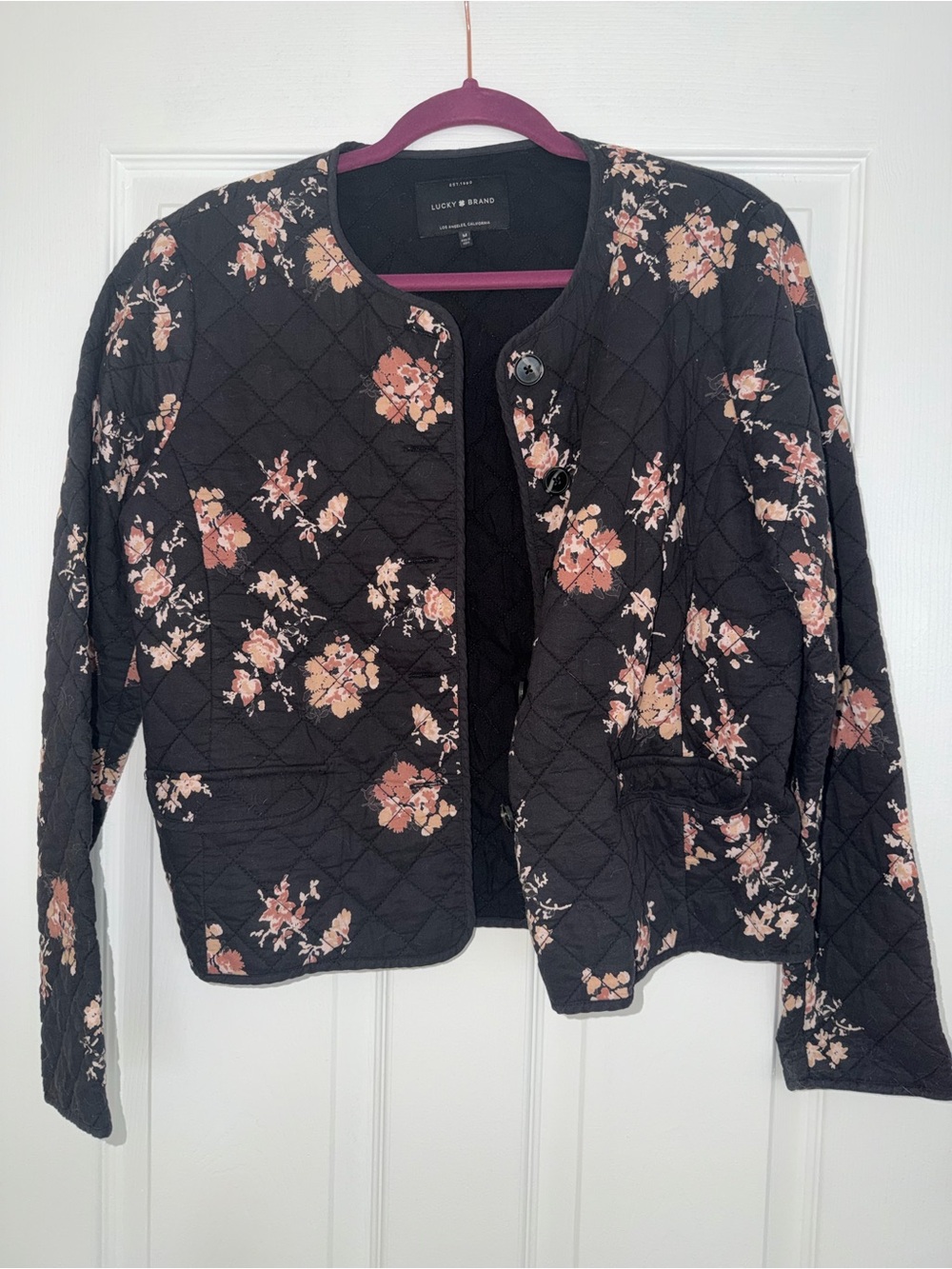 Lucky Brand Black Quilted Floral Puff Jacket with Pink Blossoms